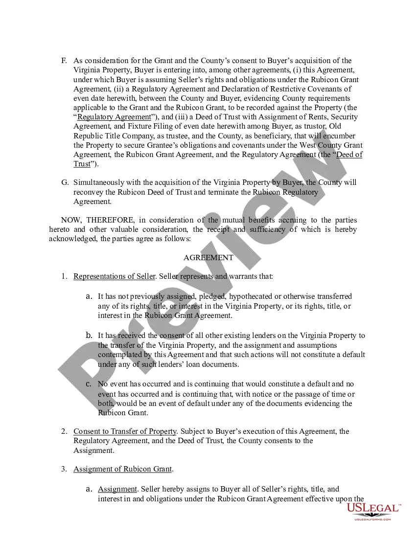 Preview Assignment, Assumption, and Consent Agreement involving a MHSA Grant