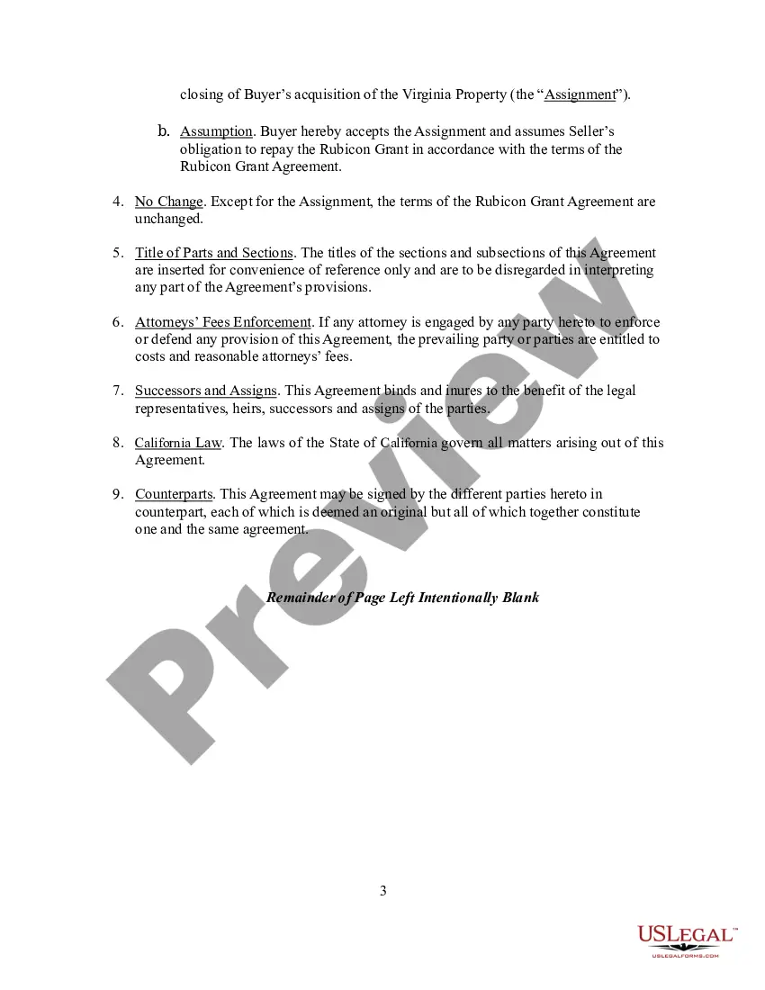 Preview Assignment, Assumption, and Consent Agreement involving a MHSA Grant