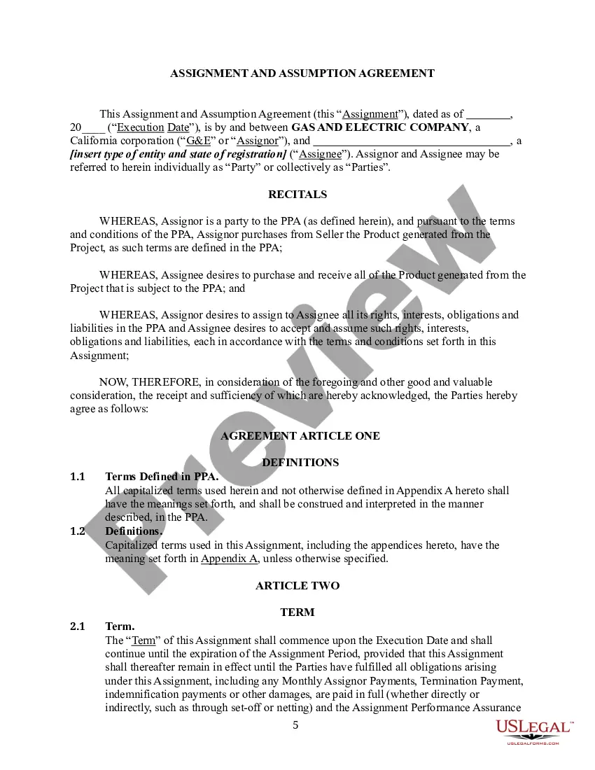 Preview Assingment and Assumption Agreement between Gas and Electic Company and Entity