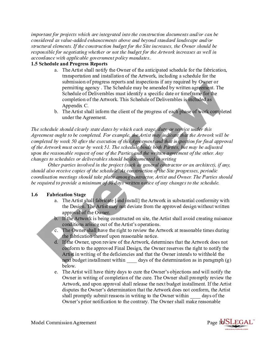 Preview Agreement for Commission of Public Art Work Between Artist and Private Entity or Non-Agency