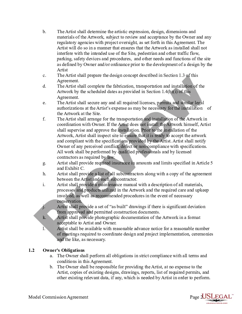 Preview Agreement for Commission of Public Art Work Between Artist and Private Entity or Non-Agency