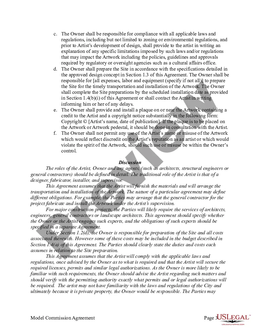 Preview Agreement for Commission of Public Art Work Between Artist and Private Entity or Non-Agency