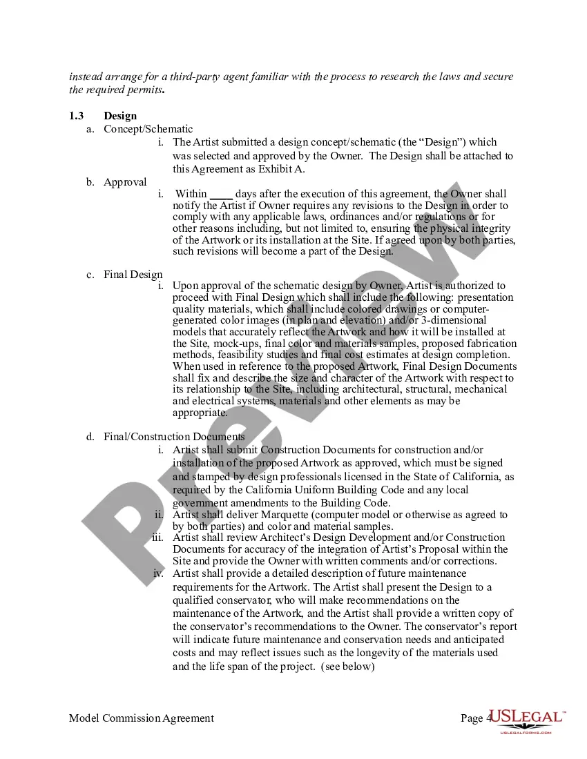 Preview Agreement for Commission of Public Art Work Between Artist and Private Entity or Non-Agency