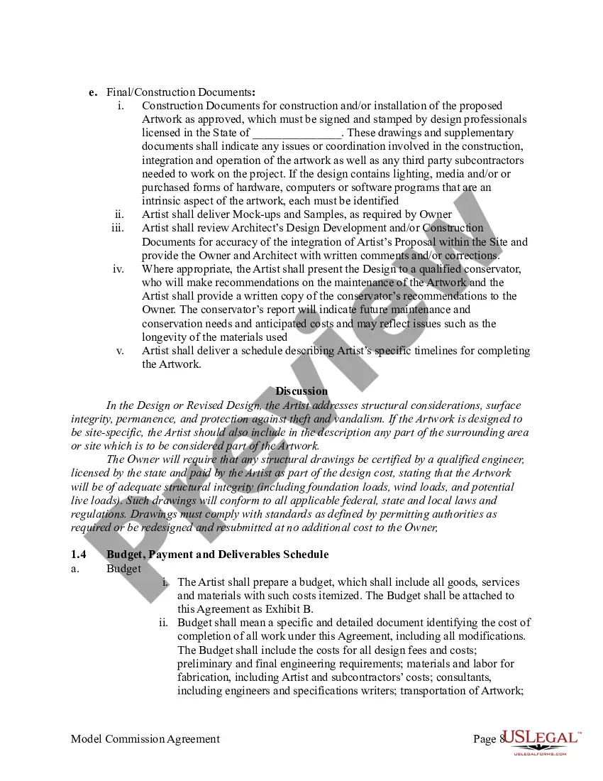 Preview Agreement for Commission of Public Art Work Between Artist and Private Entity or Non-Agency