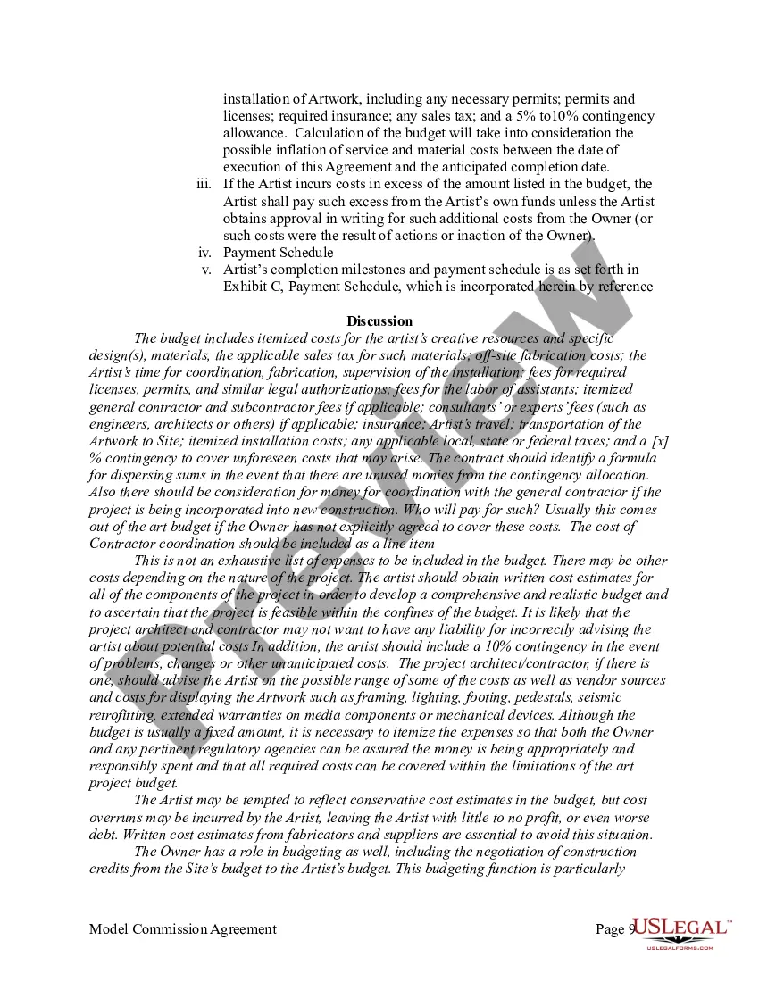 Preview Agreement for Commission of Public Art Work Between Artist and Private Entity or Non-Agency