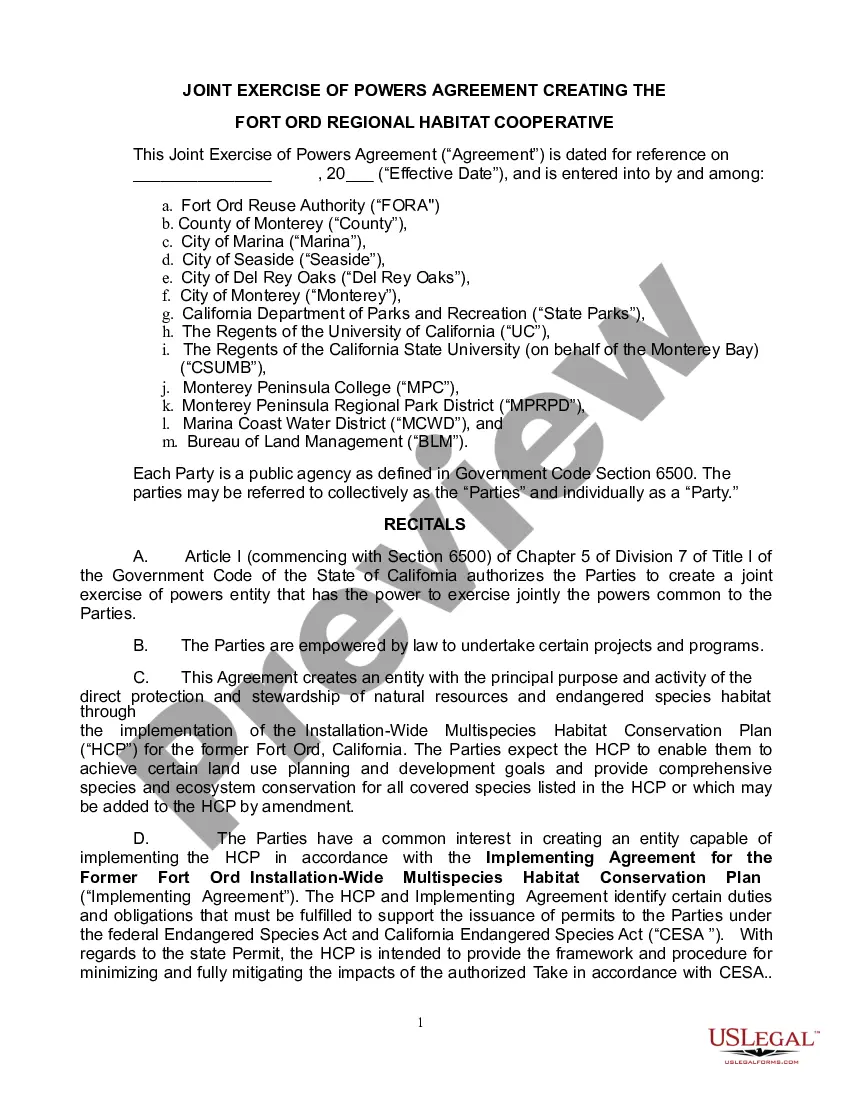 Preview Joint Exercise of Powers Agreement Creating a Habitat Cooperative