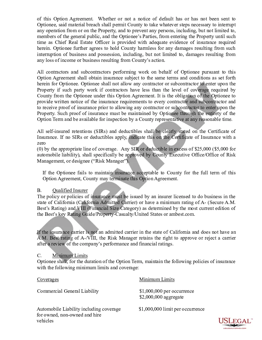 Preview Option Agreement - Option to Lease Property between County and Optionee