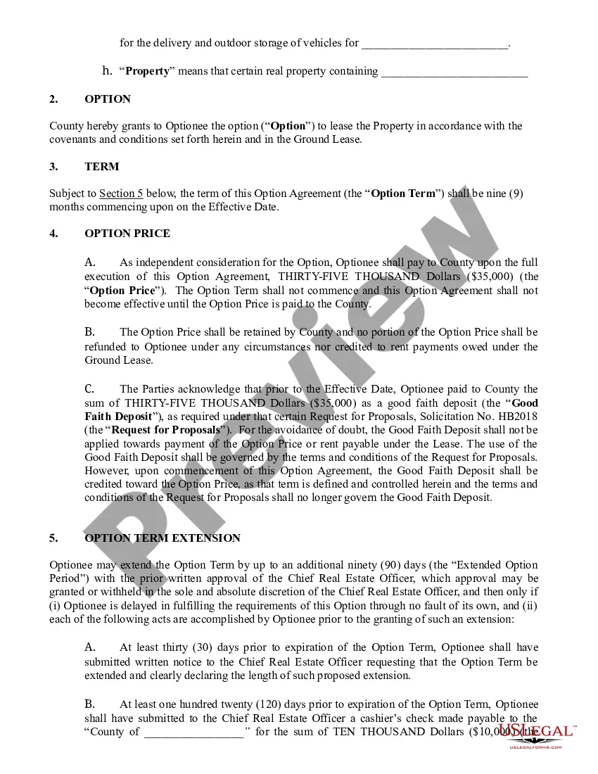 Preview Option Agreement - Option to Lease Property between County and Optionee