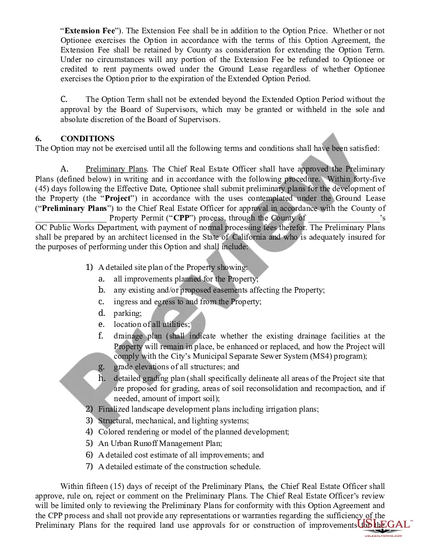 Preview Option Agreement - Option to Lease Property between County and Optionee