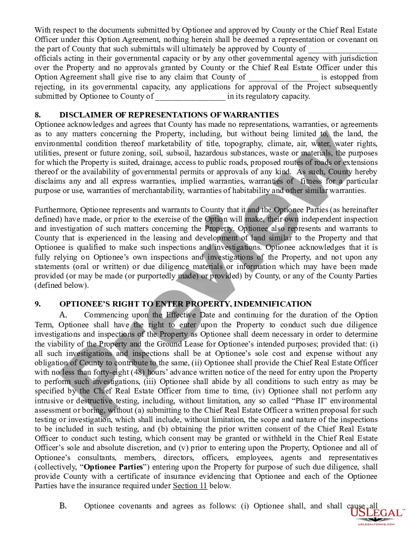 Preview Option Agreement - Option to Lease Property between County and Optionee