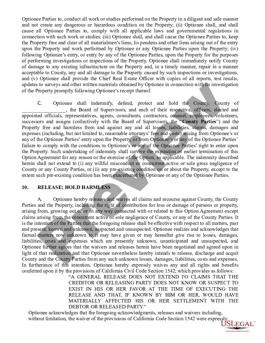Preview Option Agreement - Option to Lease Property between County and Optionee