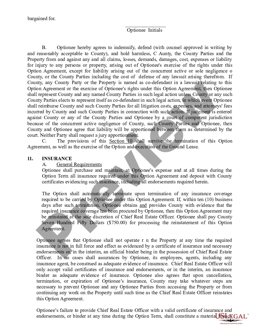 Preview Option Agreement - Option to Lease Property between County and Optionee
