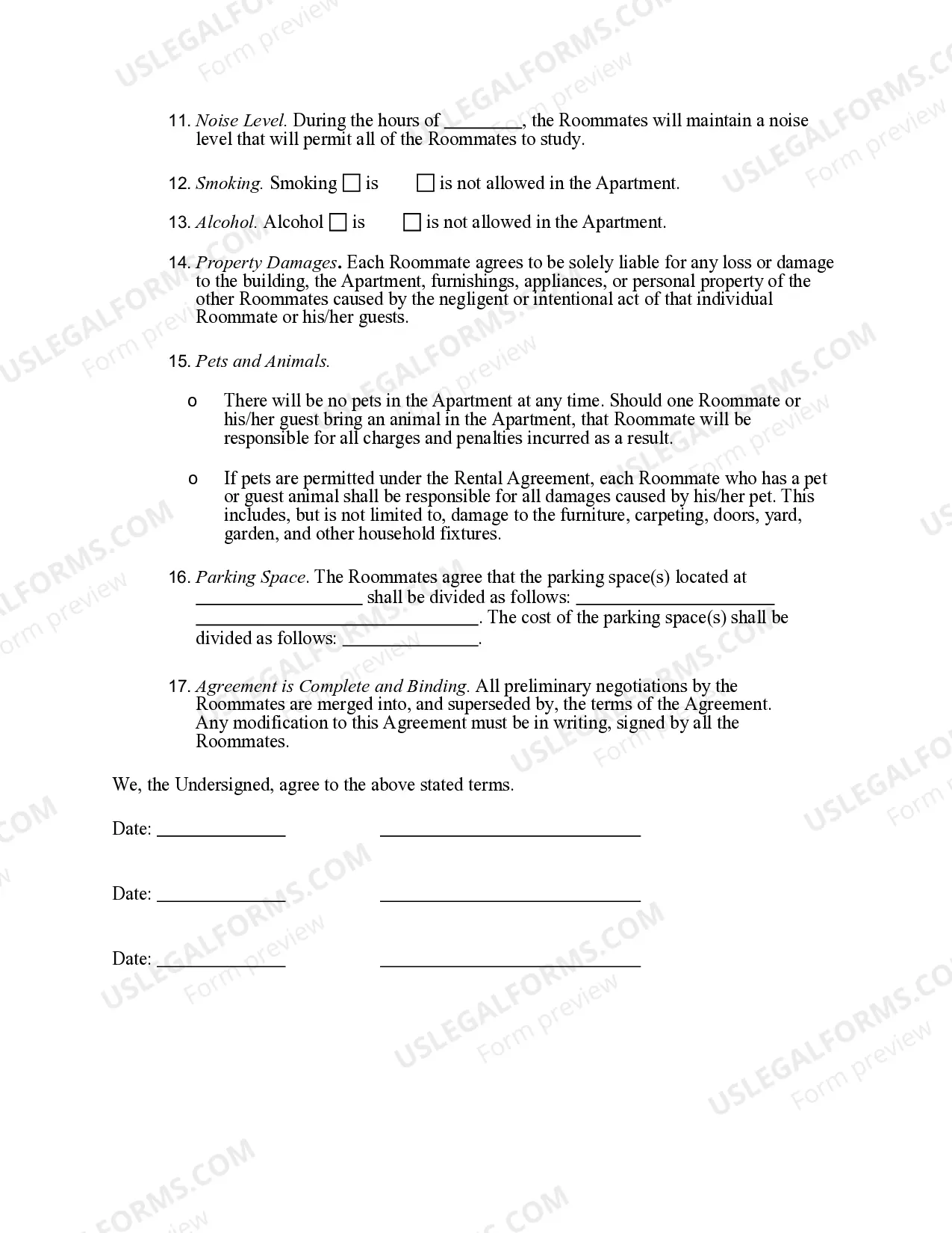 Preview Roommate Agreement for Apartment Co-Tenants