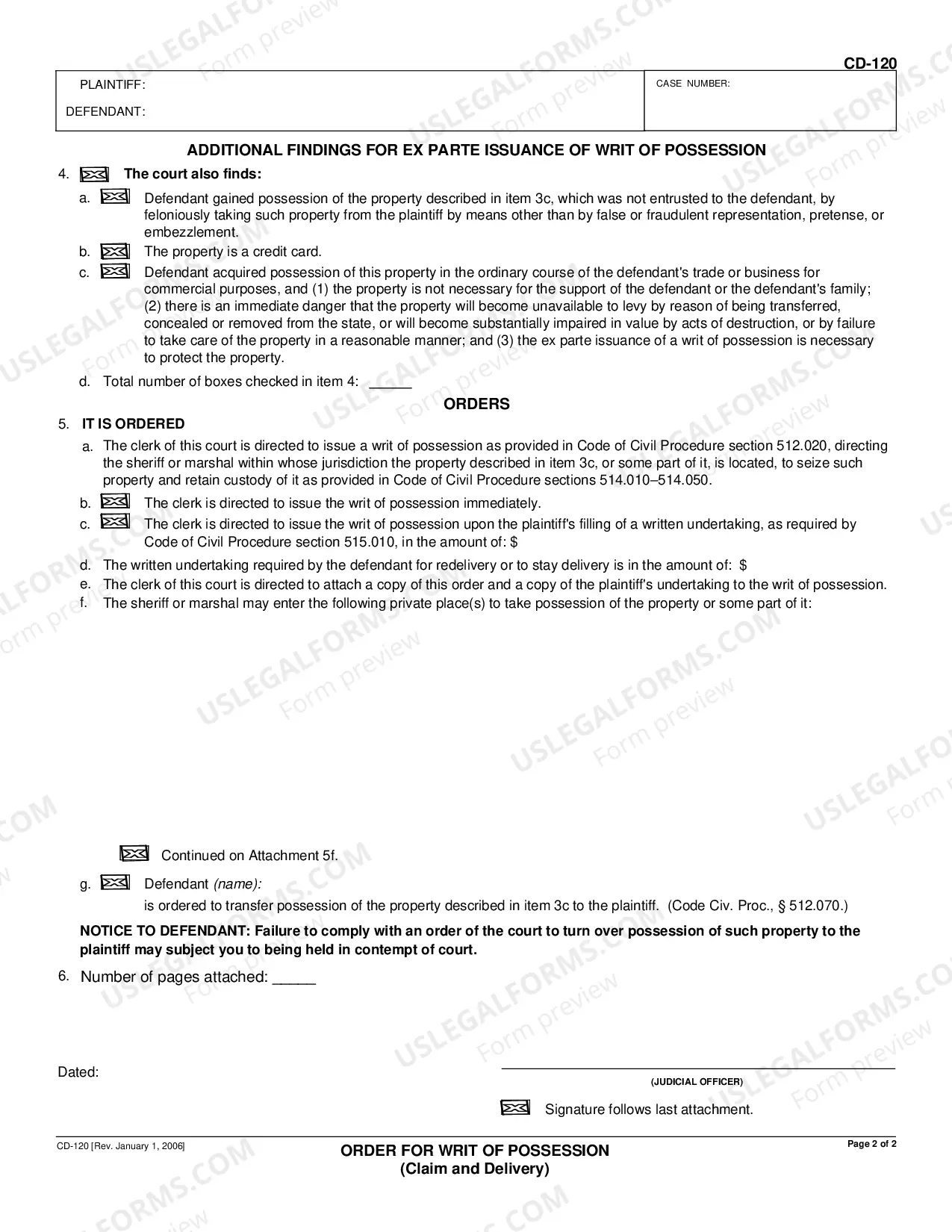 Preview Order for Writ of Possession