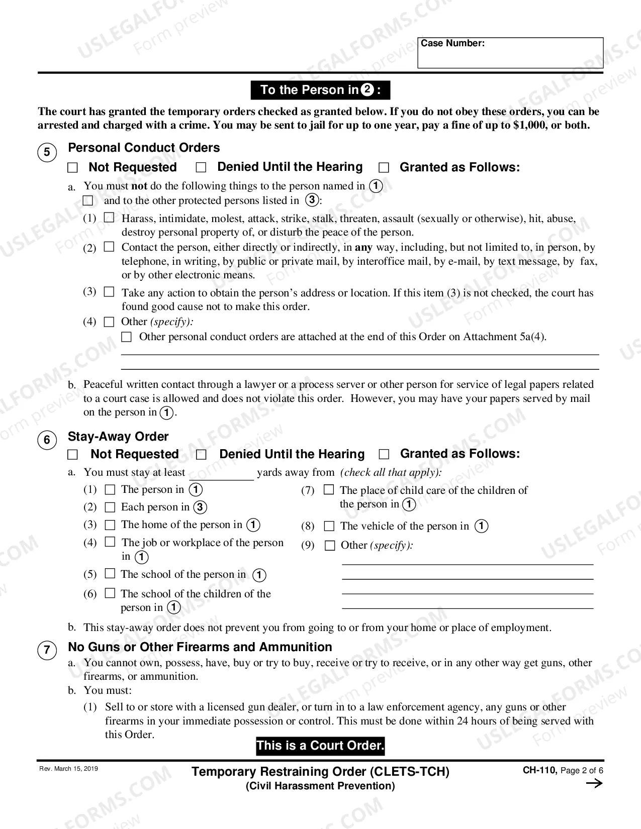 Preview Temporary Restraining Order (CLETS-TCH) (Civil Harassment)