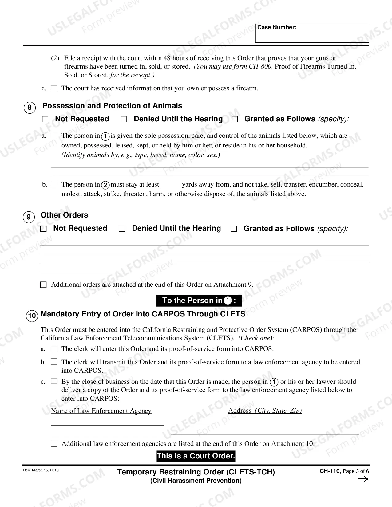 Preview Temporary Restraining Order (CLETS-TCH) (Civil Harassment)