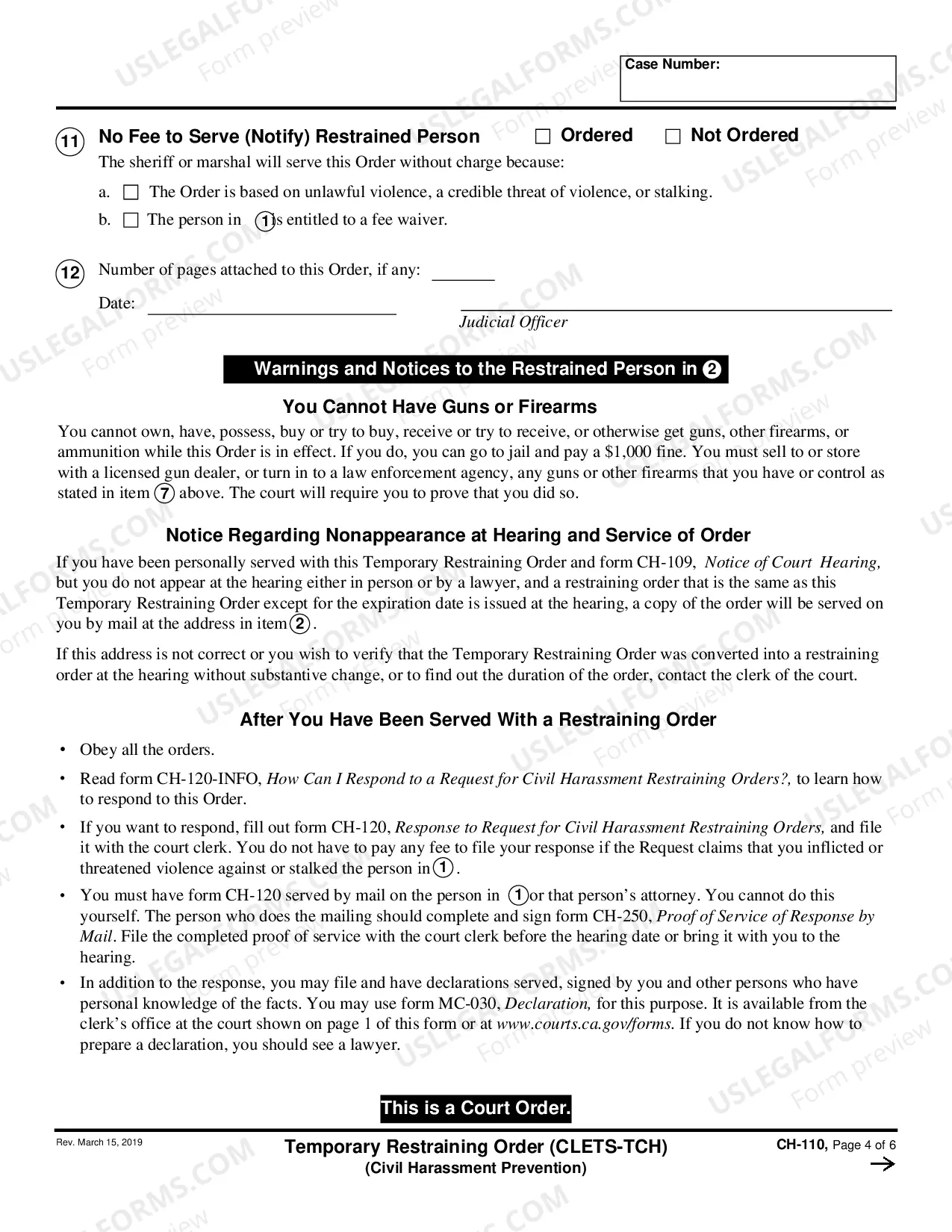 Preview Temporary Restraining Order (CLETS-TCH) (Civil Harassment)