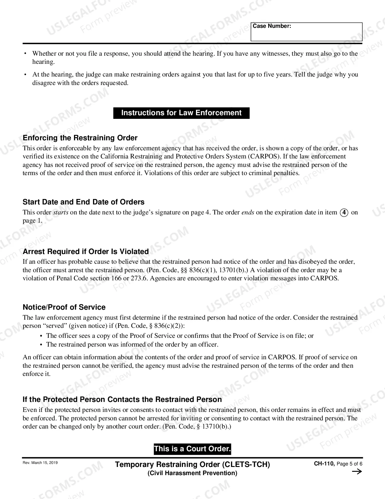 Preview Temporary Restraining Order (CLETS-TCH) (Civil Harassment)