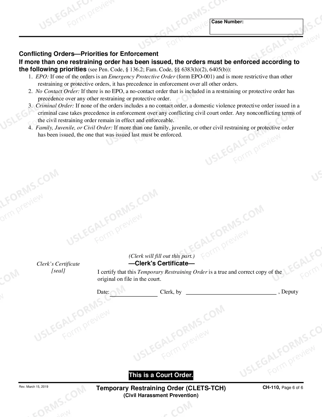 Preview Temporary Restraining Order (CLETS-TCH) (Civil Harassment)
