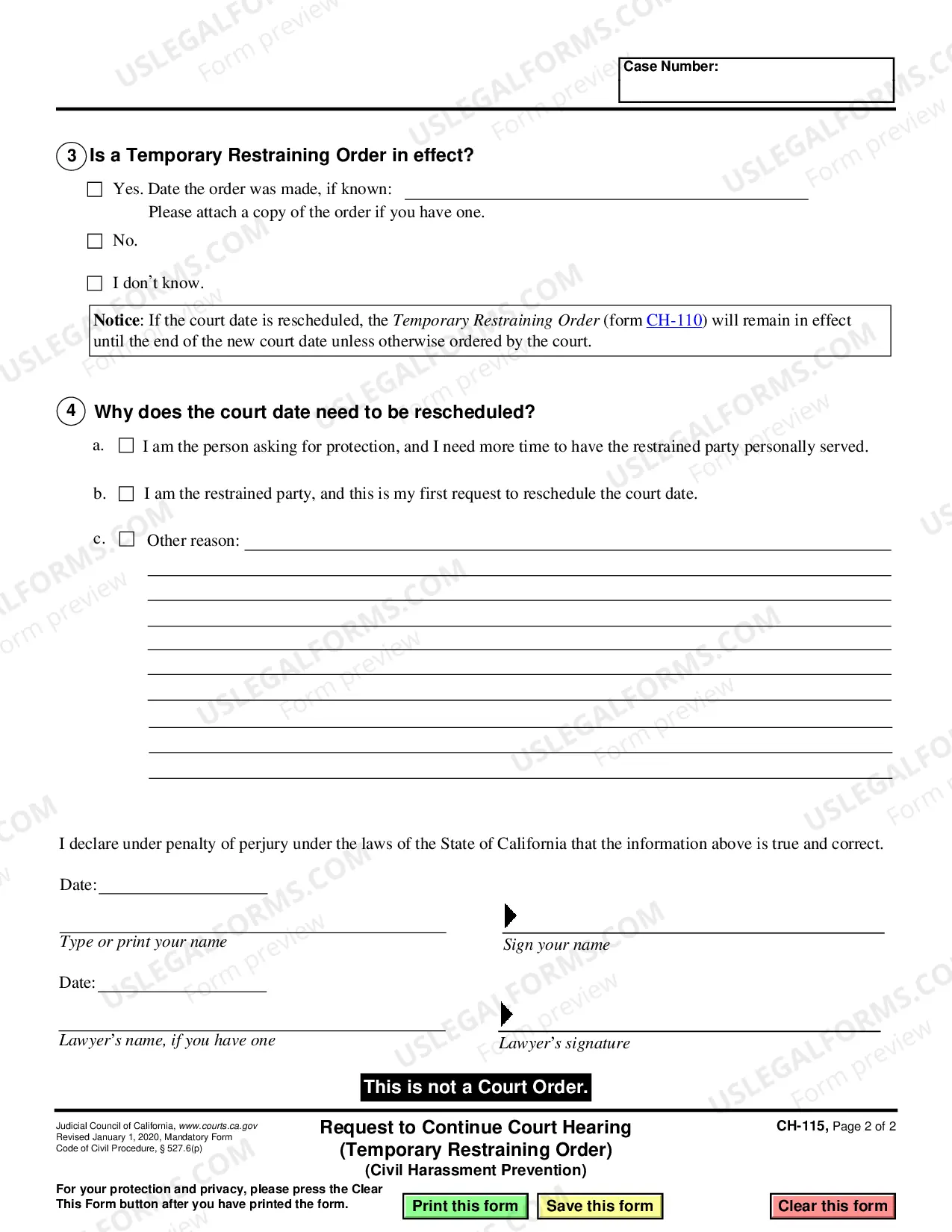 Preview Request to Continue Court Hearing - Temporary Restraining Order - Civil Harassment Prevention