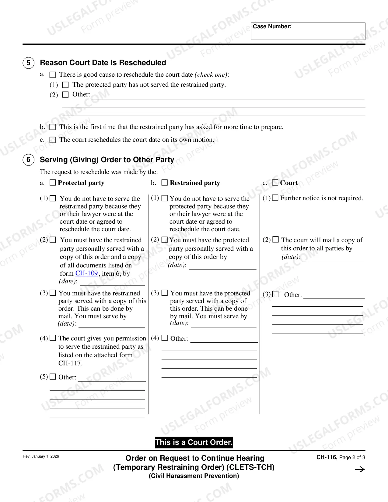Preview Order on Request to Continue Hearing - Temporary Restraining Order - CLETS-TCH - Civil Harassment Prevention