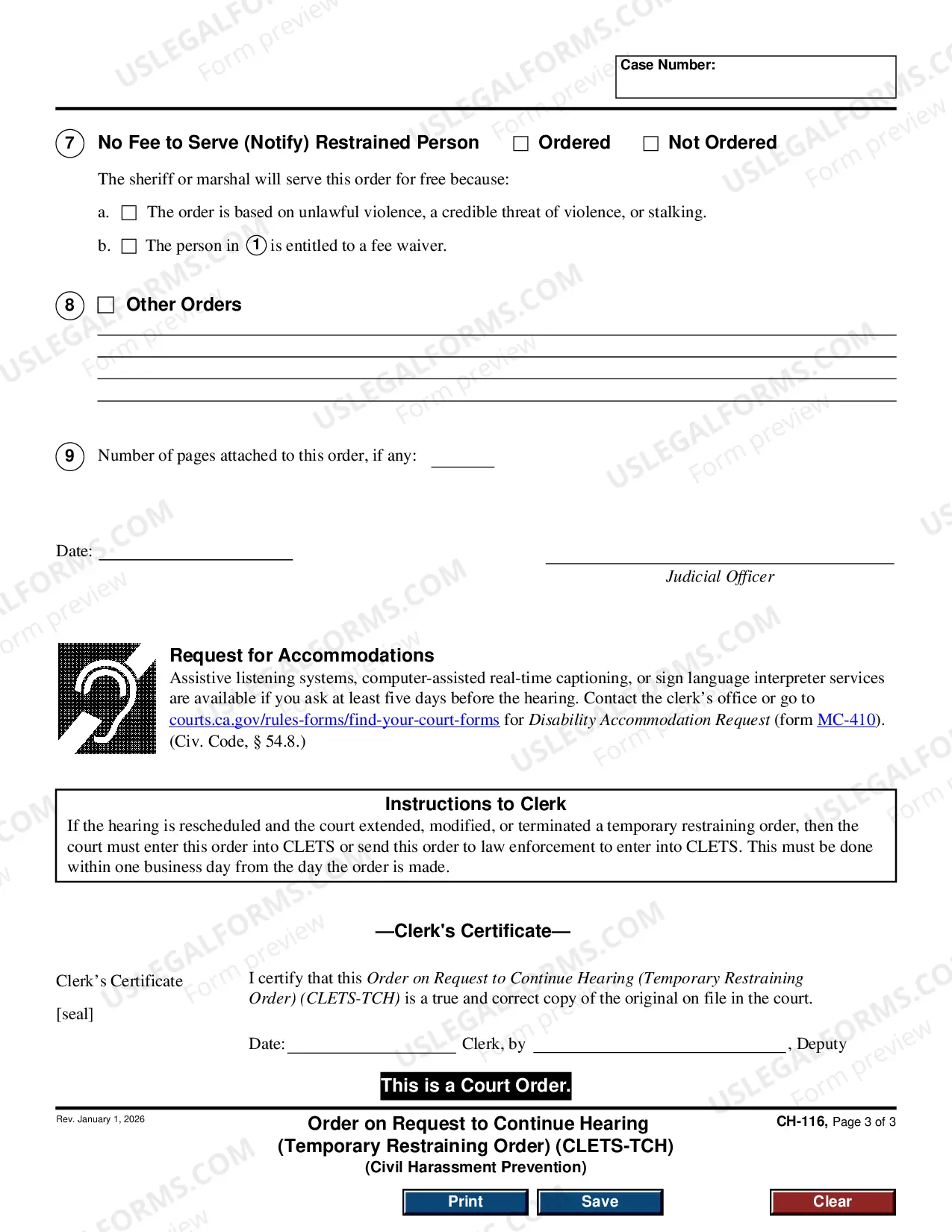Preview Order on Request to Continue Hearing - Temporary Restraining Order - CLETS-TCH - Civil Harassment Prevention