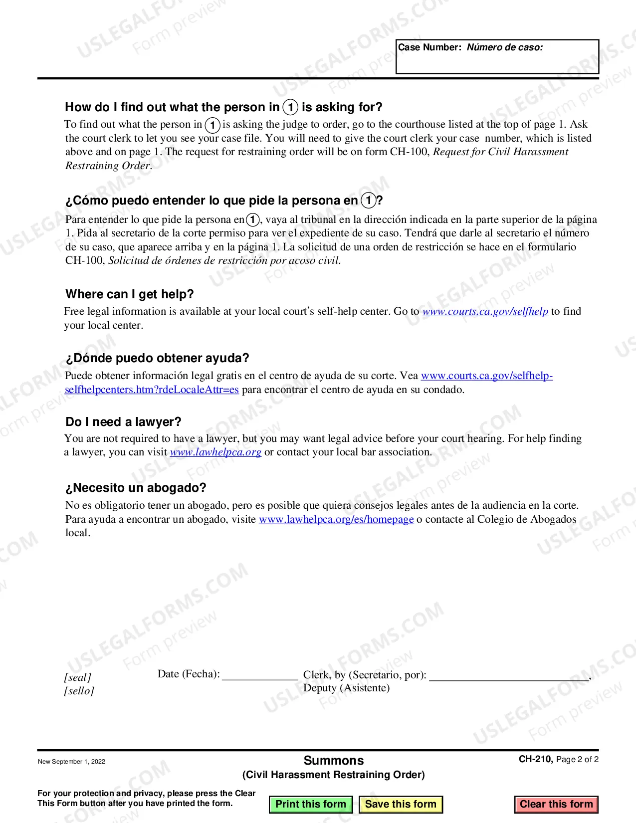Preview Summons - Civil Harassment Restraining Order