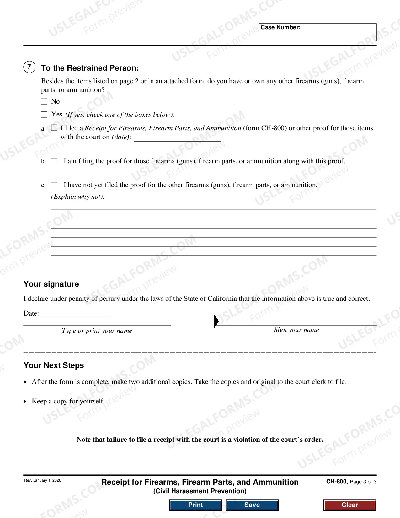 Preview Proof of Firearms Turned In, Sold, or Stored - Civil Harassment Prevention