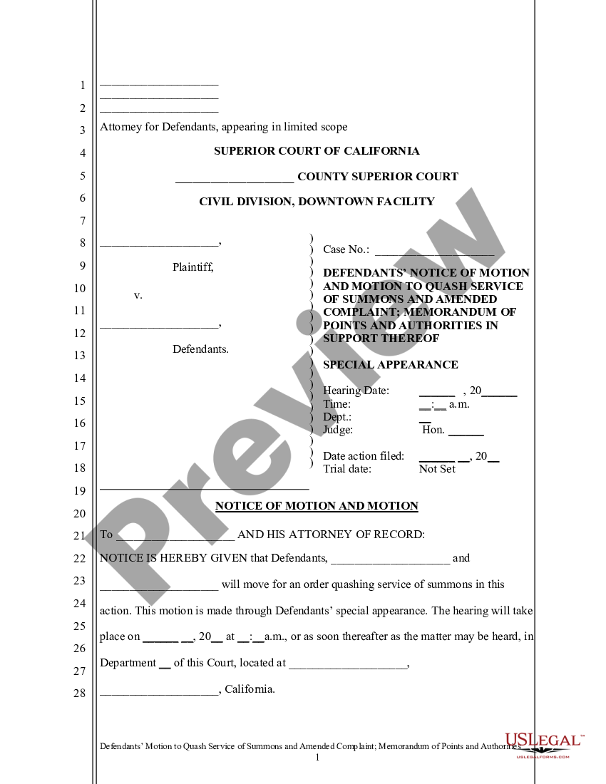 California Motion To Quash And Memorandum Us Legal Forms 2696