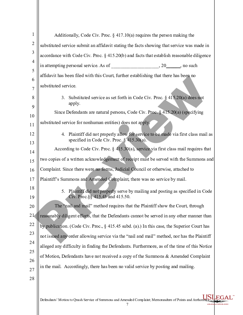 California Motion To Quash And Memorandum Us Legal Forms