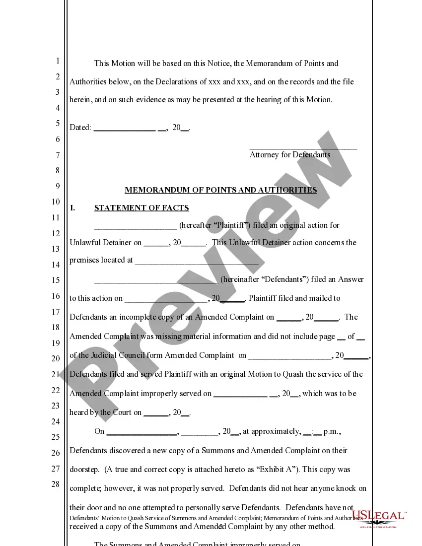 Preview California Motion to Quash and Memorandum