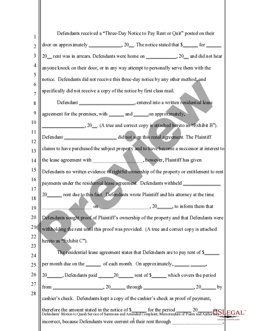 Preview California Motion to Quash and Memorandum
