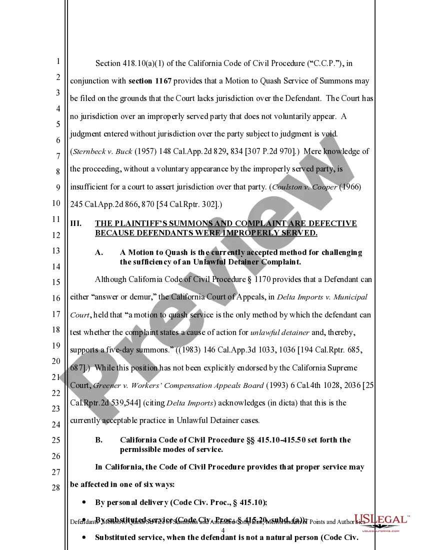 Preview California Motion to Quash and Memorandum