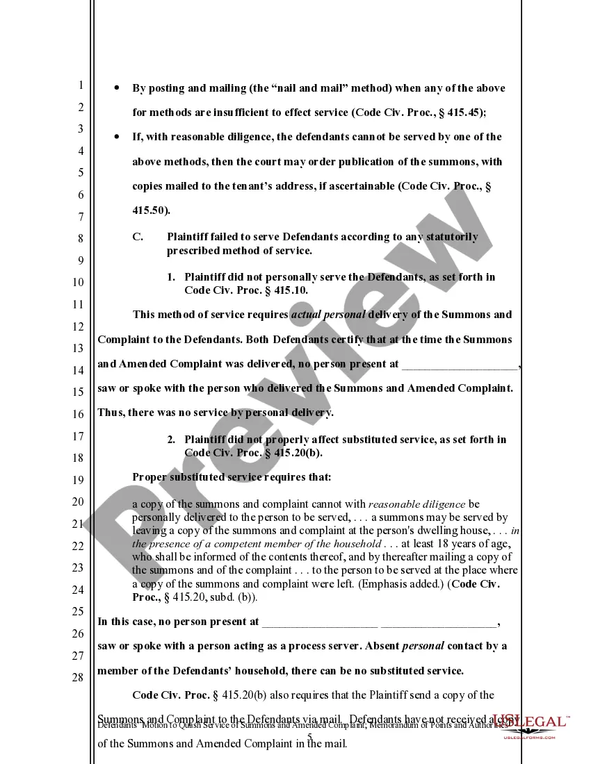 Preview California Motion to Quash and Memorandum