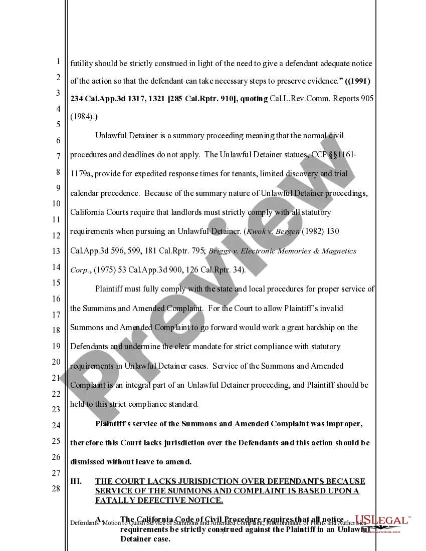 Preview California Motion to Quash and Memorandum