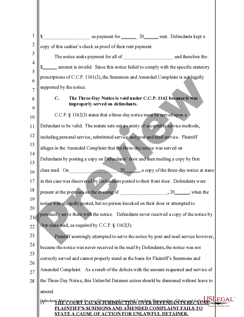 Preview California Motion to Quash and Memorandum