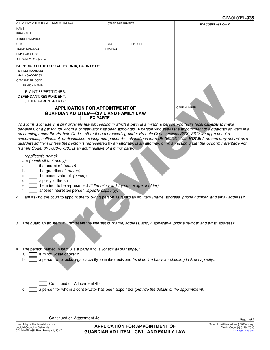 page 0 Application and Order for Appointment of Guardian Ad Litem - Civil preview