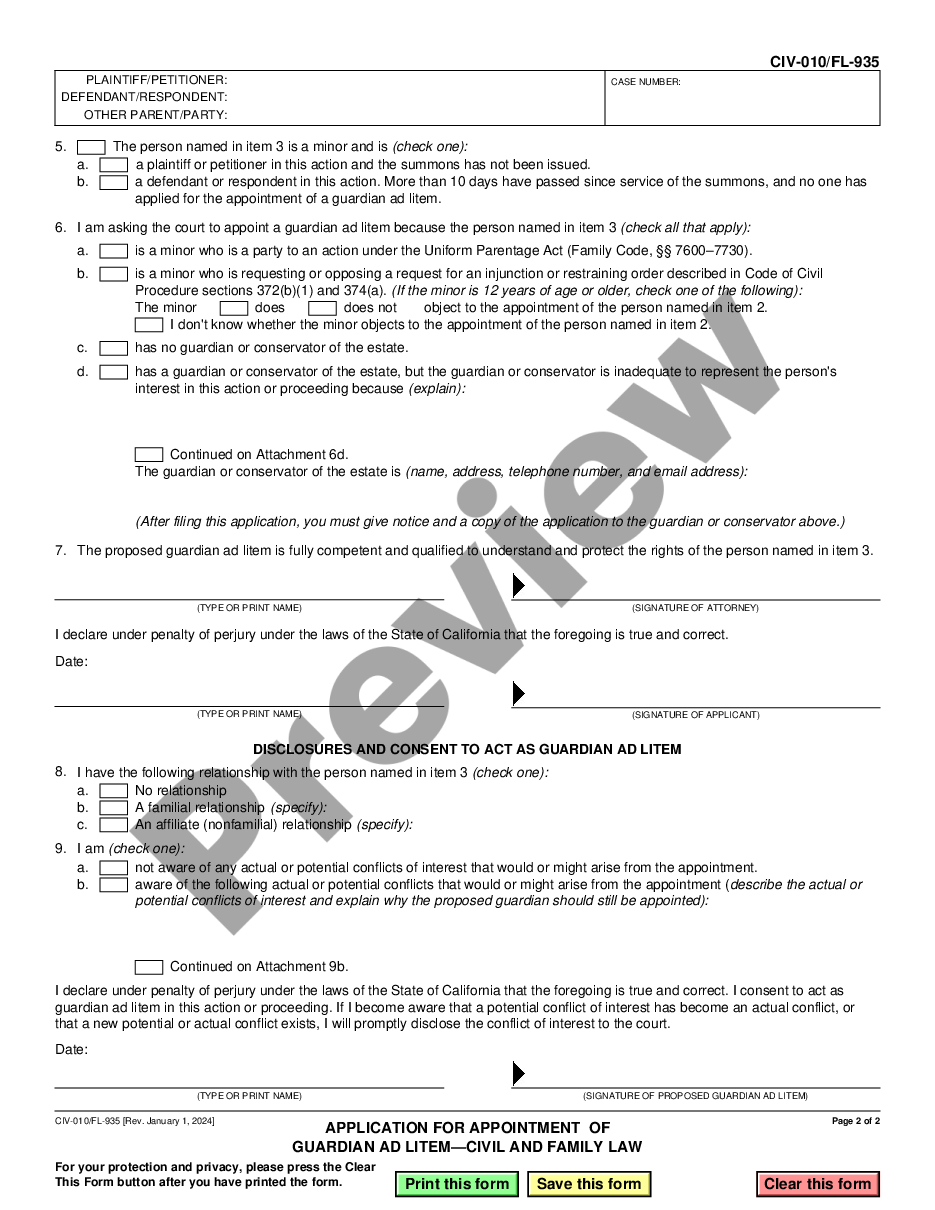 page 1 Application and Order for Appointment of Guardian Ad Litem - Civil preview
