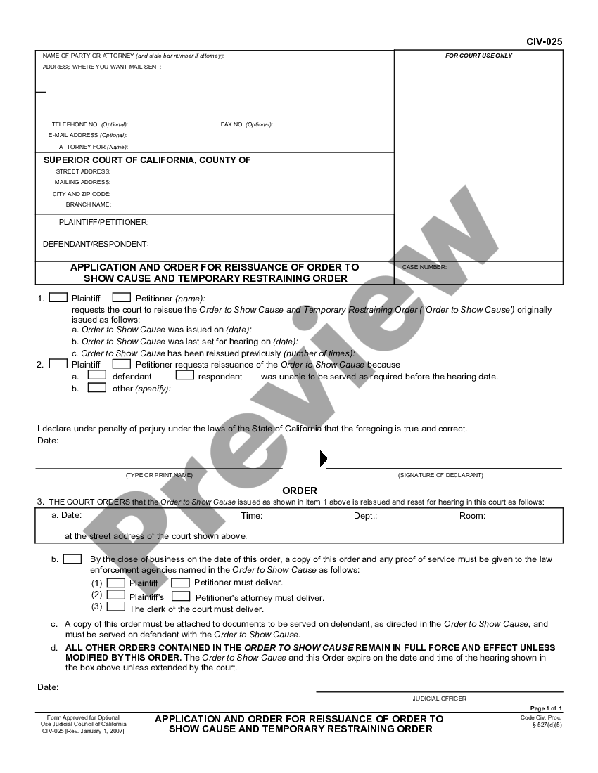 California Application And Order For Reissuance Of Order To Show Cause ...