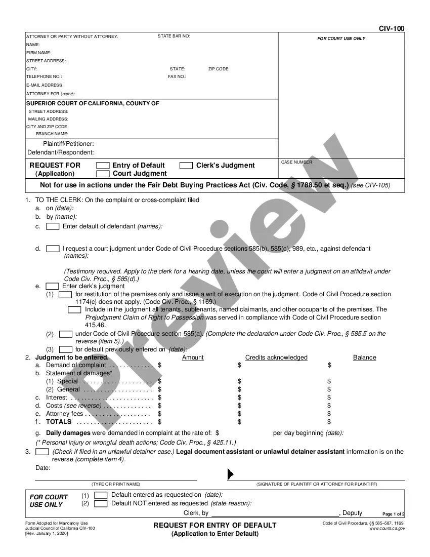 California Request for Entry of Default - Request For Entry Of Default ...