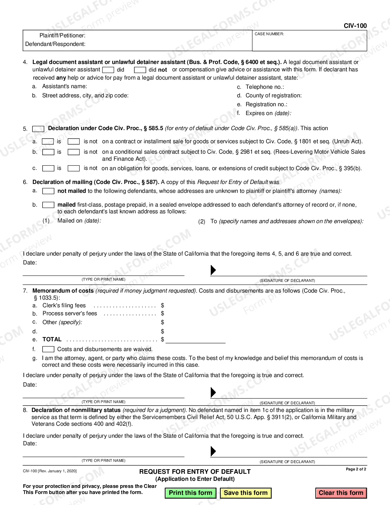 Preview Request for Entry of Default