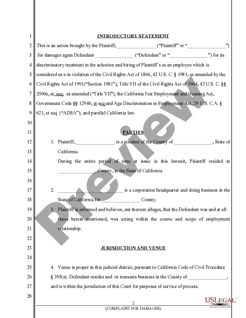 Preview Complaint for Damages resulting from Discrimination, Retaliation and Intentional Infliction of Emotional Distress