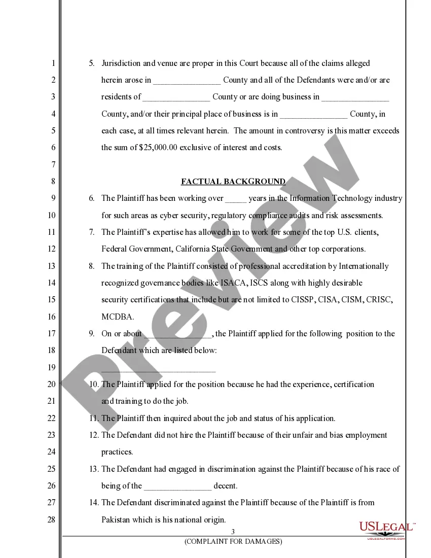 Preview Complaint for Damages resulting from Discrimination, Retaliation and Intentional Infliction of Emotional Distress