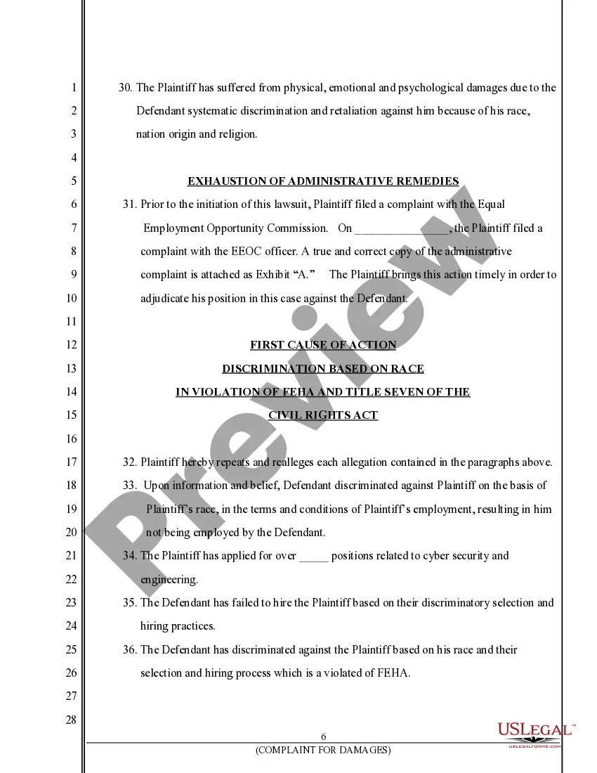 Preview Complaint for Damages resulting from Discrimination, Retaliation and Intentional Infliction of Emotional Distress