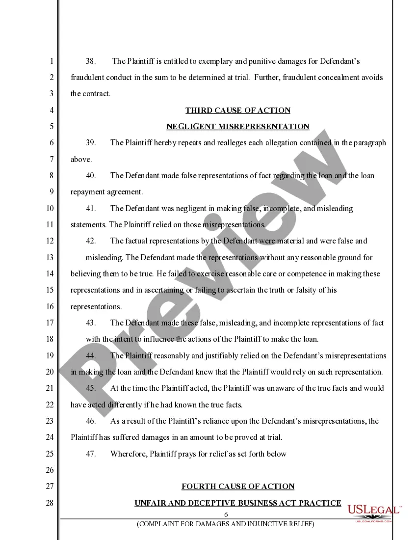Preview Complaint for Breach of Contract, Negligent Misrepresentation, Unfair and Deceptive Business Practices