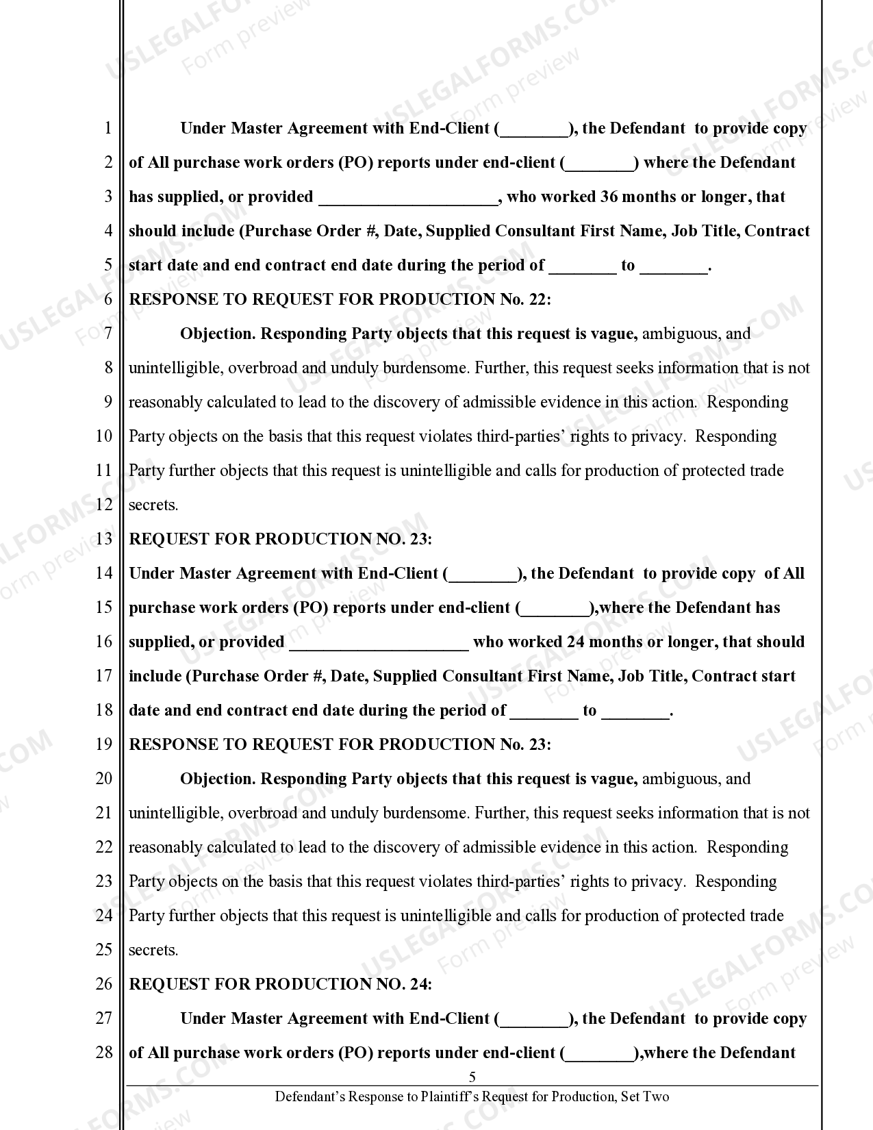 California Defendant's Response to Request for Production | US Legal Forms