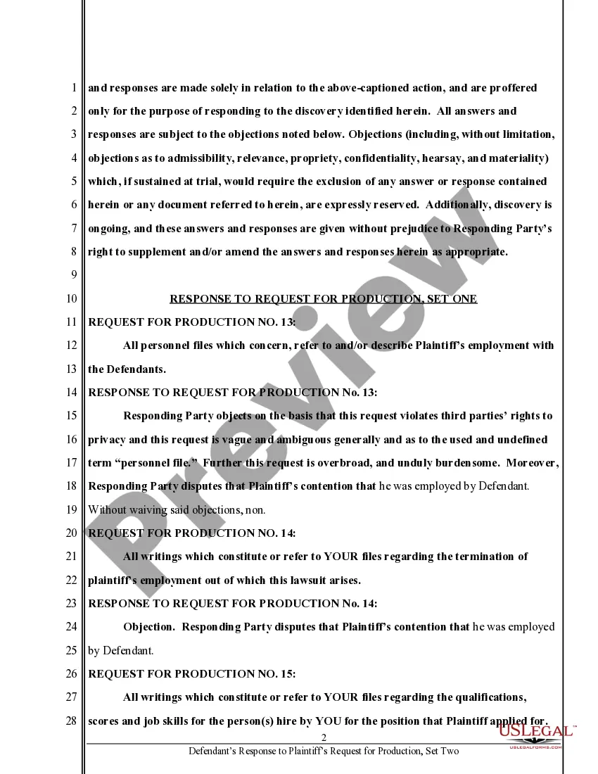 Preview Defendant's Response to Request for Production