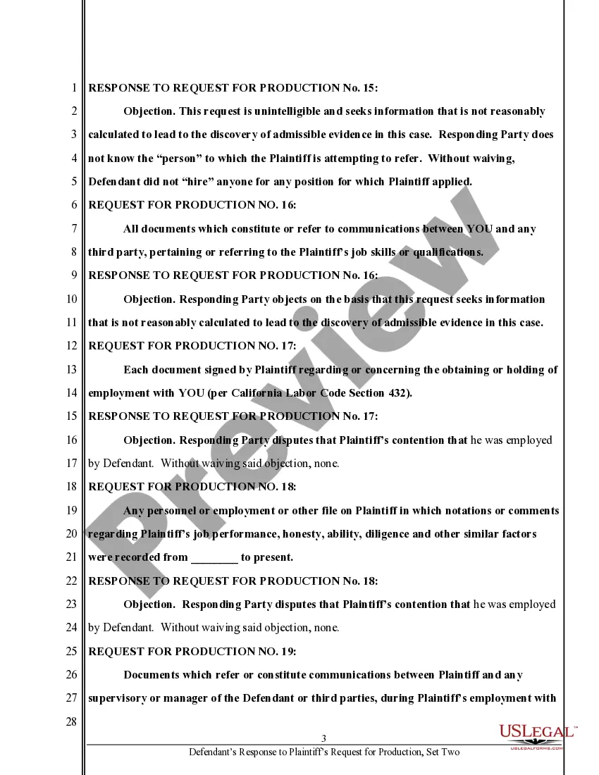 Preview Defendant's Response to Request for Production