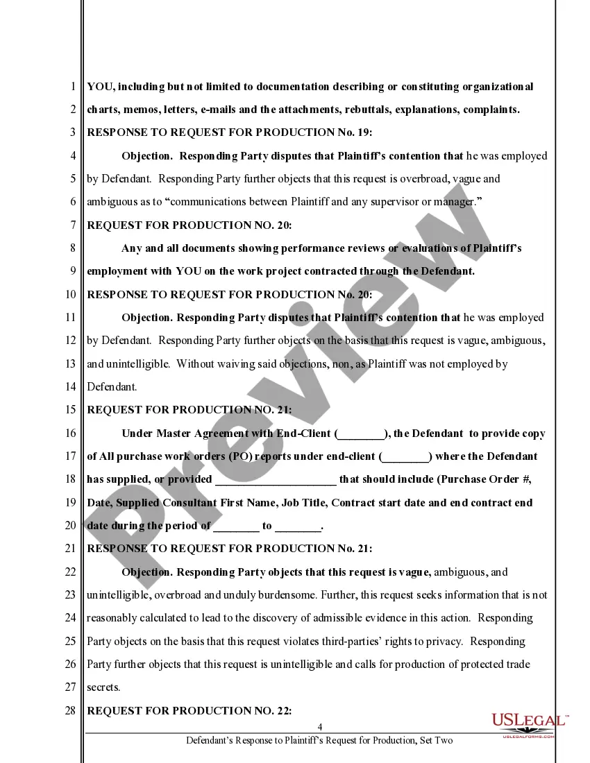 Preview Defendant's Response to Request for Production