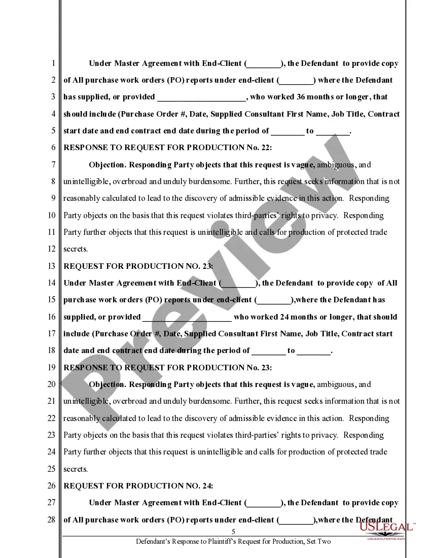 Preview Defendant's Response to Request for Production